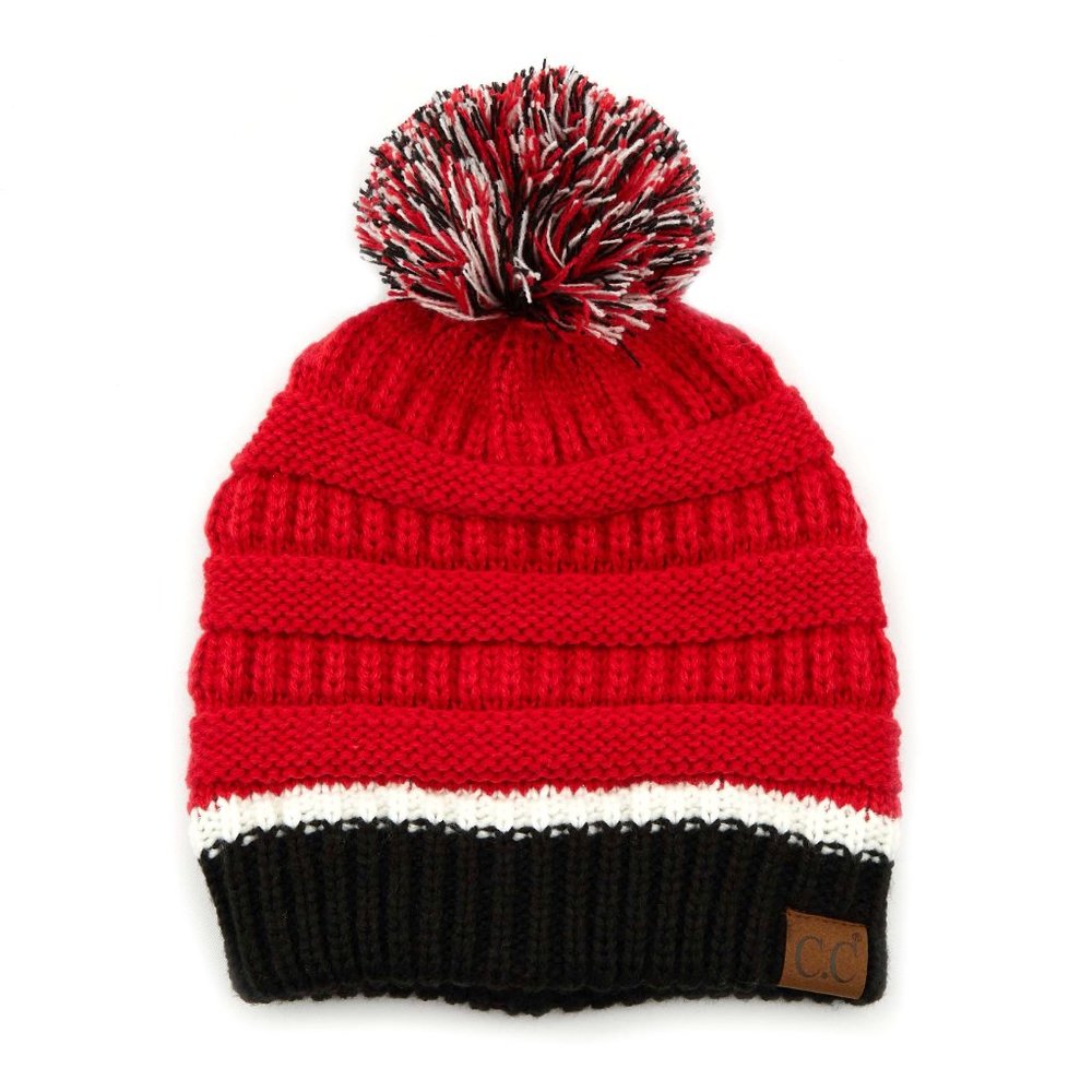 C.C Beanie College Team Color With Pom- CRIMSON/BLACK